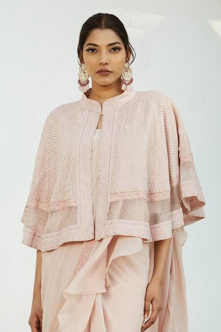 Buy_Romaa_Pink Chiffon Plain Blouseround, Cape Open Pre-draped Saree Set With _Online_at_Aza_Fashions