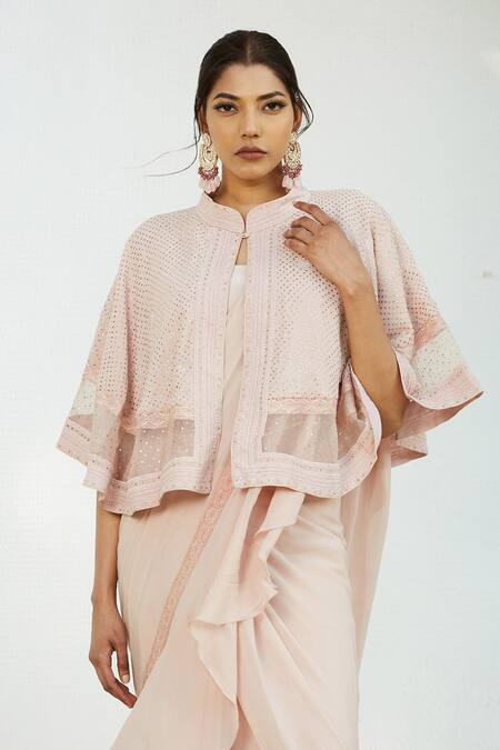 Shop_Romaa_Pink Chiffon Plain Blouseround, Cape Open Pre-draped Saree Set With _Online_at_Aza_Fashions