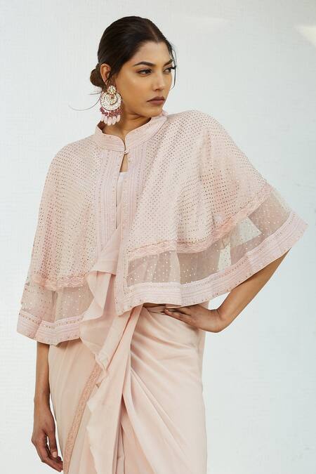 Romaa_Pink Chiffon Plain Blouseround, Cape Open Pre-draped Saree Set With _at_Aza_Fashions