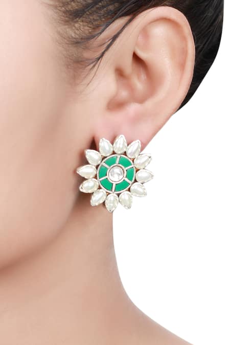Sangeeta Boochra Silver Plated Stones Handcrafted Floral Carved Earrings
