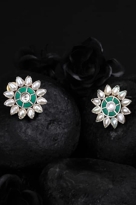 Buy_Sangeeta Boochra_Silver Plated Stones Handcrafted Floral Carved Earrings _Online_at_Aza_Fashions