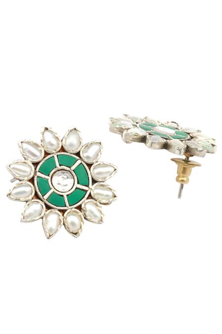 Shop_Sangeeta Boochra_Silver Plated Stones Handcrafted Floral Carved Earrings _Online_at_Aza_Fashions
