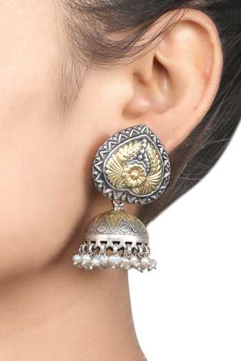 Buy Sangeeta Boochra Silver Plated Carved Jhumkas at Aza Fashions Buy_Sangeeta Boochra_Silver Plated Carved Jhumkas _at_Aza_Fashions