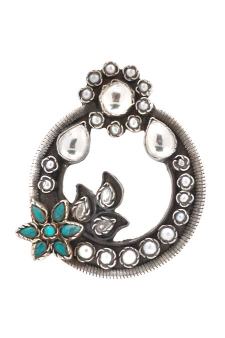 Shop_Sangeeta Boochra_Silver Plated Stones, Metallic Thread Hoop Earrings _Online_at_Aza_Fashions