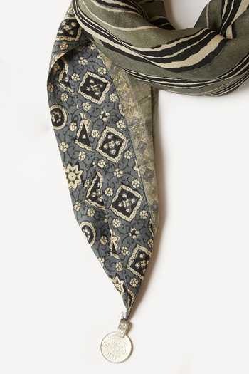Ritu Kumar_Gray Floral Printed Grey Scarf With Coin Detail_Online_at_Aza_Fashions