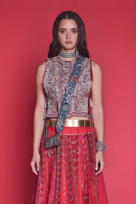 Jade By Monica & Karishma Red Silk, Organza Round Embroidered Blouse And Lehenga Set Online at Aza Fashions Jade By Monica & Karishma_Red Silk, Organza Round Embroidered Blouse And Lehenga Set _Online_at_Aza_Fashions