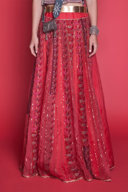 Shop Jade By Monica & Karishma Red Silk, Organza Round Embroidered Blouse And Lehenga Set Online at Aza Fashions Shop_Jade By Monica & Karishma_Red Silk, Organza Round Embroidered Blouse And Lehenga Set _Online_at_Aza_Fashions