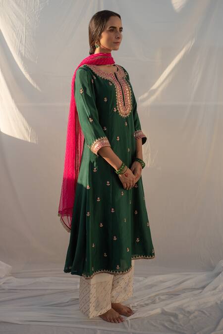 Apeksha Jain Label_Green Silk, Bamboo Cotton Gota Work, Thread Floral Embroidered Kurta Palazzo Set _Online_at_Aza_Fashions