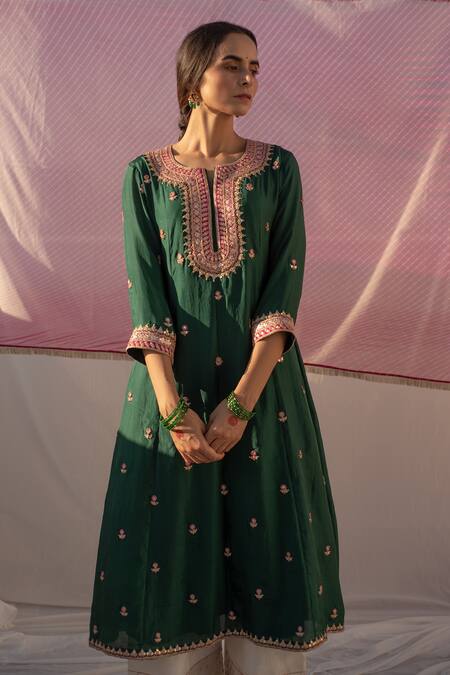 Buy_Apeksha Jain Label_Green Silk, Bamboo Cotton Gota Work, Thread Floral Embroidered Kurta Palazzo Set _Online_at_Aza_Fashions