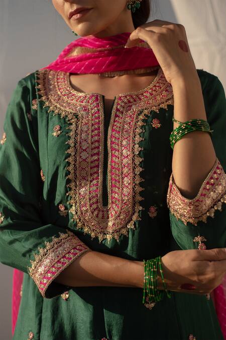 Apeksha Jain Label_Green Silk, Bamboo Cotton Gota Work, Thread Floral Embroidered Kurta Palazzo Set _at_Aza_Fashions