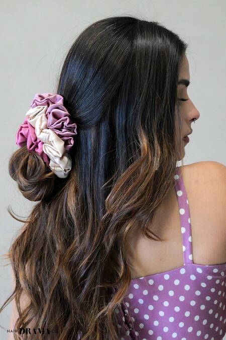 Shop_Hair Drama CO_Purple Lavender Blush Satin Scrunchies Set Of 3_Online_at_Aza_Fashions