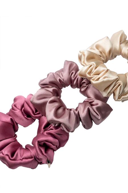 Hair Drama CO_Purple Lavender Blush Satin Scrunchies Set Of 3_at_Aza_Fashions