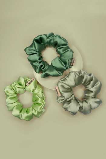 Hair Drama CO_Green Love Me Sage Satin Scrunchies Set Of 3_Online_at_Aza_Fashions