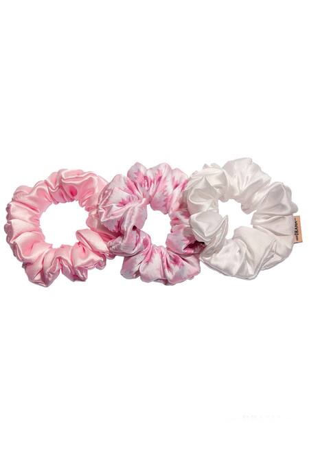 Hair Drama CO_White Printed Flamingo Satin Scrunchies Set Of 3_Online_at_Aza_Fashions