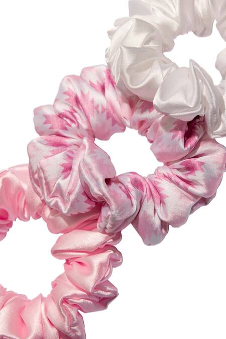 Shop_Hair Drama CO_White Printed Flamingo Satin Scrunchies Set Of 3_Online_at_Aza_Fashions