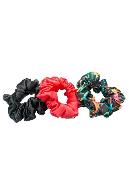 Hair Drama CO_Black Printed Satin Scrunchies Set Of 3_Online_at_Aza_Fashions