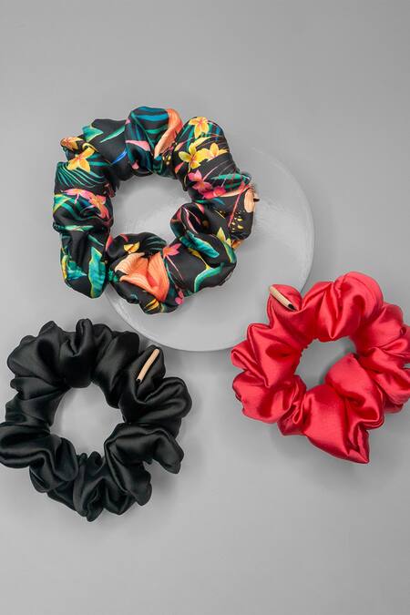 Shop_Hair Drama CO_Black Printed Satin Scrunchies Set Of 3_Online_at_Aza_Fashions