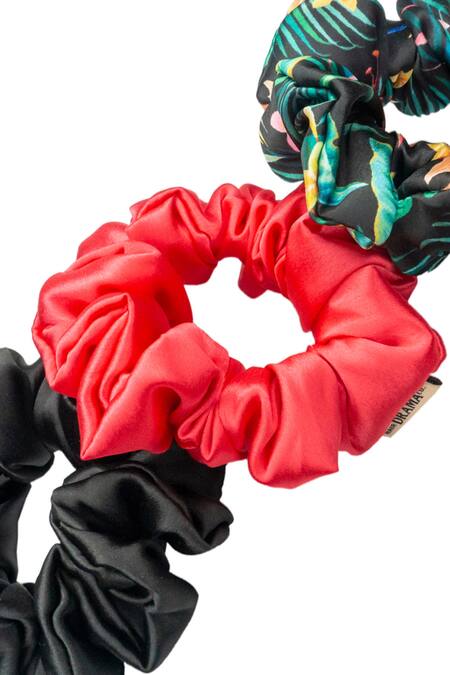 Hair Drama CO_Black Printed Satin Scrunchies Set Of 3_at_Aza_Fashions
