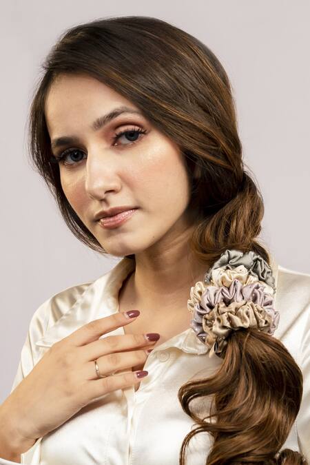 Buy_Hair Drama CO_Multi Color Embellished Luxury Stone Scrunchies Set Of 5_Online_at_Aza_Fashions