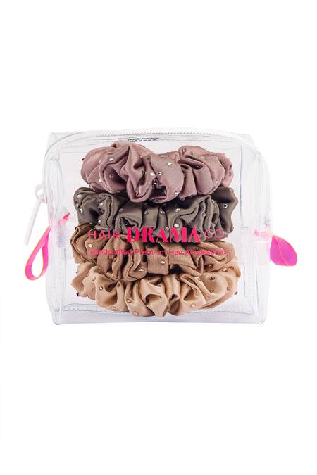 Hair Drama CO_Multi Color Embellished Luxury Stone Scrunchies Set Of 5_at_Aza_Fashions
