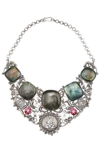 Shop Sangeeta Boochra Silver Plated Handcrafted Stone Necklace at Aza Fashions Shop_Sangeeta Boochra_Silver Plated Handcrafted Stone Necklace _at_Aza_Fashions
