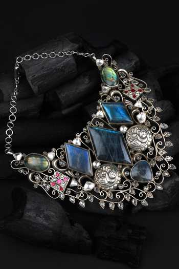 Sangeeta Boochra_Silver Plated Handcrafted Stone Necklace  _Online_at_Aza_Fashions