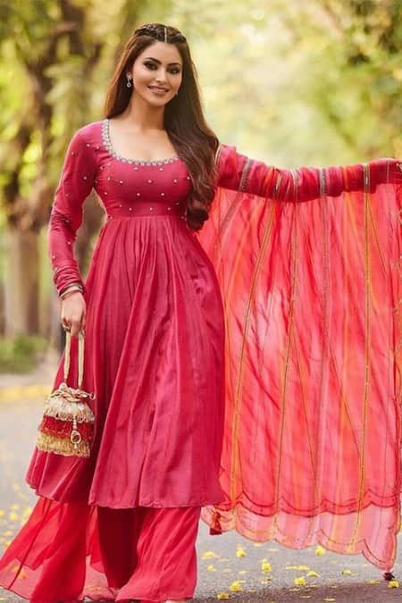 Shop_Paulmi And Harsh_Pink Anarkali And Pant Cotton Silk Dupatta Organza U Neck Kalidar Set _Online_at_Aza_Fashions