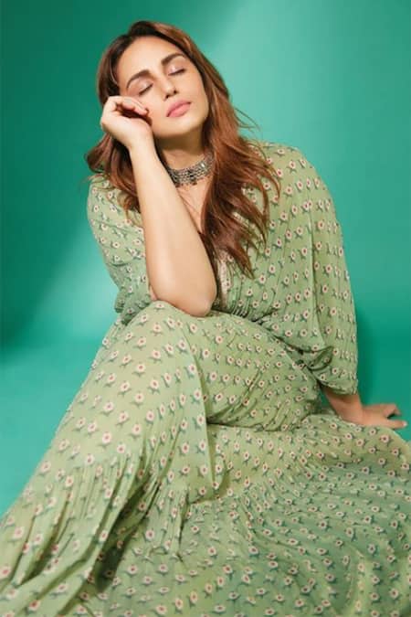 Shop_Paulmi And Harsh_Green Inner Satin, Kaftan Georgette V Neck Floral Print _Online_at_Aza_Fashions