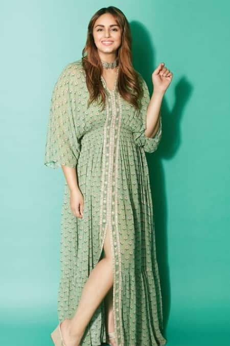 Paulmi and Harsh Green Kaftan Georgette Embroidery V Neck Floral Print 