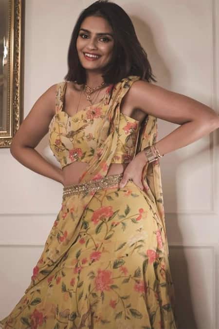 Paulmi And Harsh_Yellow Georgette V Neck Pre-stitched Sharara Saree With Blouse _at_Aza_Fashions