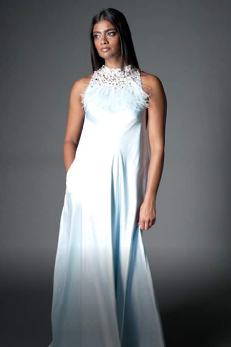 Dilnaz_Blue Pure Silk And Polyester Diamonds High Neck Embellished Gown_Online_at_Aza_Fashions