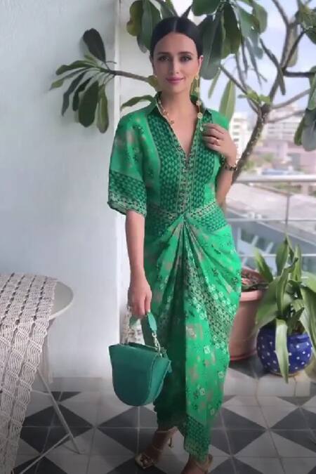 Chhavvi Aggarwal_Green Crepe Geometric Print Straight Collar Draped Shirt Dress_at_Aza_Fashions
