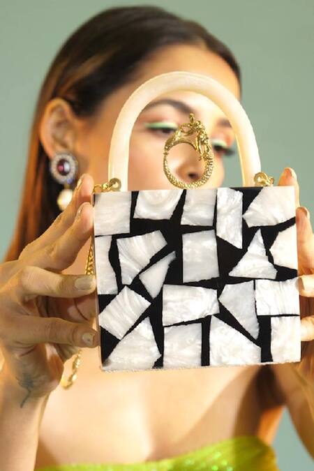 Buy_Oceana Clutches_Black Zebra Textured Handbag With U-shaped Handle_Online_at_Aza_Fashions