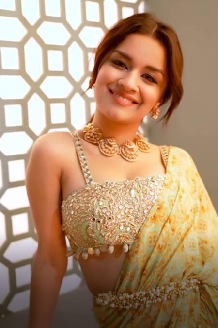 Prints By Radhika_Blue Georgette Lining Shantoon Print And Pre-draped Saree With Blouse _at_Aza_Fashions