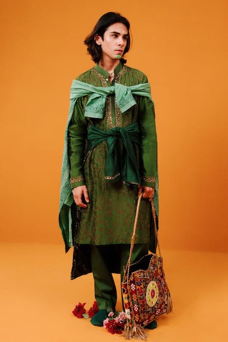 Buy_Wabi Sabi By Anshum-Ritesh_Green Chanderi Mirrors Scrolls Aari Embroidered Kurta Set _Online_at_Aza_Fashions