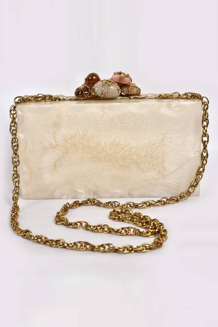 Be Chic_White Stone Scrunchie Box Clutch With Sling_Online_at_Aza_Fashions
