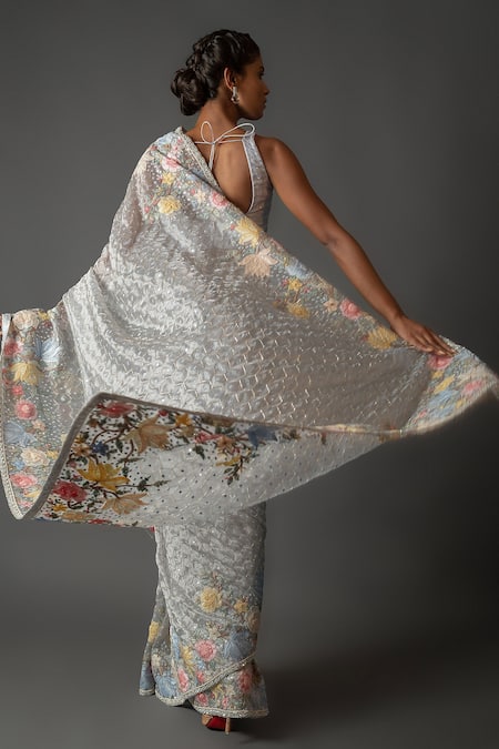 Shop Aangan By Parul Blue Organza Honey Comb And Shadow Work V Neck Embroidered Saree & Blouse Set at Aza Fashions Shop_Aangan By Parul_Blue Organza Honey Comb And Shadow Work V Neck Embroidered Saree & Blouse Set _at_Aza_Fashions