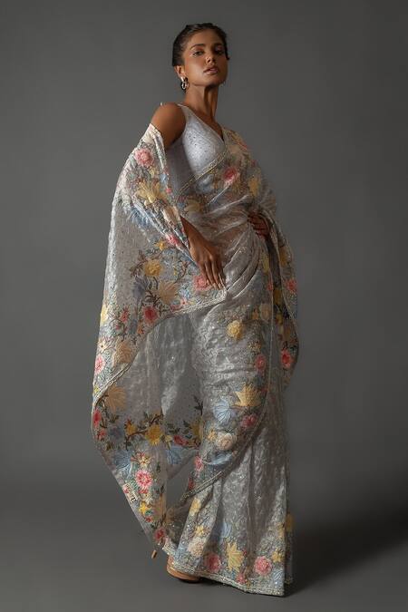 Aangan By Parul Blue Organza Honey Comb And Shadow Work V Neck Embroidered Saree & Blouse Set Online at Aza Fashions Aangan By Parul_Blue Organza Honey Comb And Shadow Work V Neck Embroidered Saree & Blouse Set _Online_at_Aza_Fashions