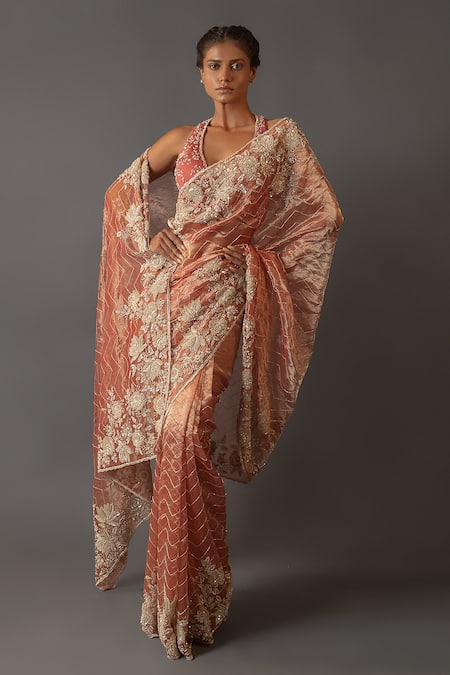 Aangan by Parul Red Organza Tissue Embroidered Chevron Leaf Neck Saree With Blouse 