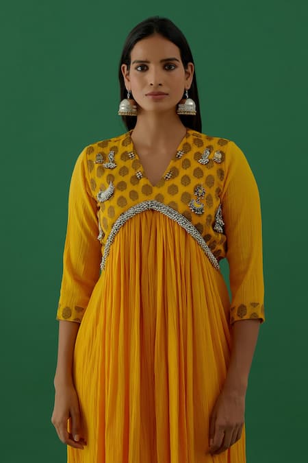 Shop_5elements_Yellow Cotton, Silk, Chiffon Brooches, Gota Patti, Embellished Anarkali Set _Online_at_Aza_Fashions
