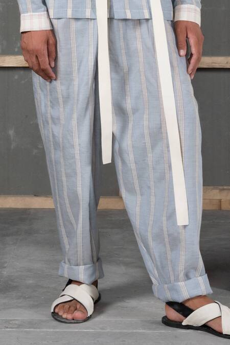 Buy_Urvashi Kaur_Blue Handwoven Cotton Silk Striped Pant _Online_at_Aza_Fashions