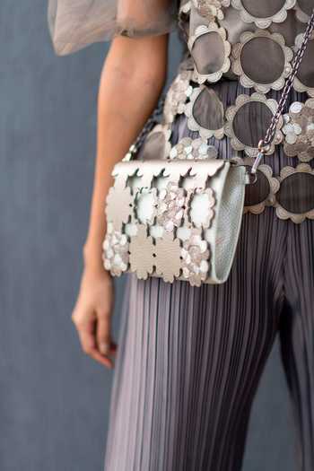Devina Juneja_Gray Applique, Cut Work Floral Gunmetal Clutch _Online_at_Aza_Fashions