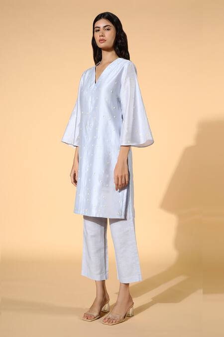 Meadow Blue Tunic Silk Chanderi Pants Linen Lining V Neck And Set Online at Aza Fashions Meadow_Blue Tunic Silk Chanderi Pants Linen Lining V Neck And Set _Online_at_Aza_Fashions