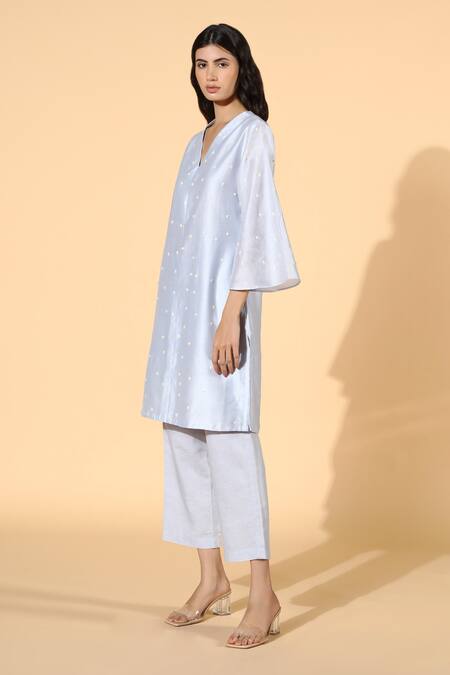 Buy Meadow Blue Tunic Silk Chanderi Pants Linen Lining V Neck And Set Online at Aza Fashions Buy_Meadow_Blue Tunic Silk Chanderi Pants Linen Lining V Neck And Set _Online_at_Aza_Fashions