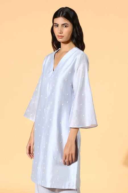 Shop Meadow Blue Tunic Silk Chanderi Pants Linen Lining V Neck And Set Online at Aza Fashions Shop_Meadow_Blue Tunic Silk Chanderi Pants Linen Lining V Neck And Set _Online_at_Aza_Fashions