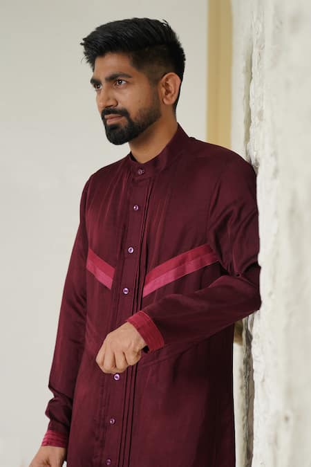 Shreyansh Designs_Maroon Cotton Silk Blend Pleated Kurta _at_Aza_Fashions