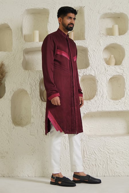 Shreyansh Designs_Maroon Cotton Silk Blend Pleated Kurta _Online_at_Aza_Fashions