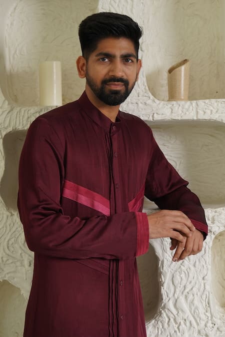Shop_Shreyansh Designs_Maroon Cotton Silk Blend Pleated Kurta _Online_at_Aza_Fashions