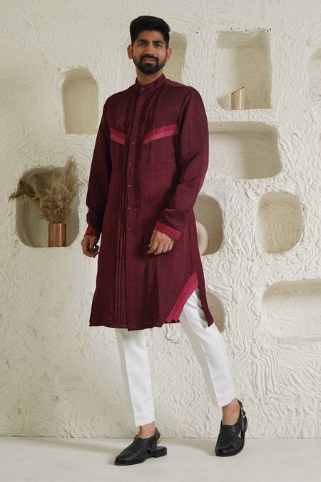 Buy_Shreyansh Designs_Maroon Cotton Silk Blend Pleated Kurta _Online_at_Aza_Fashions