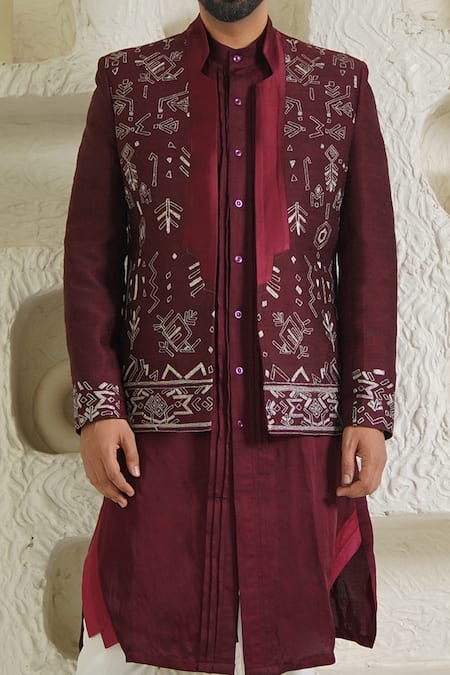 Shreyansh Designs_Maroon Cotton Satin Embroidery Geometric Shrug _Online_at_Aza_Fashions